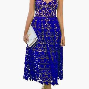 NWOT Blue Hollow Lace Nude Illusion Midi Dress, M